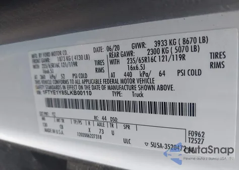 2020 Ford Transit T-150 z USA, uszkodzony, nr VIN 1FTYE1Y85LKB00110